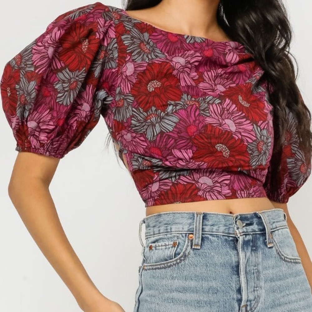 Olivaceous burgundy and purple woven crop backless top